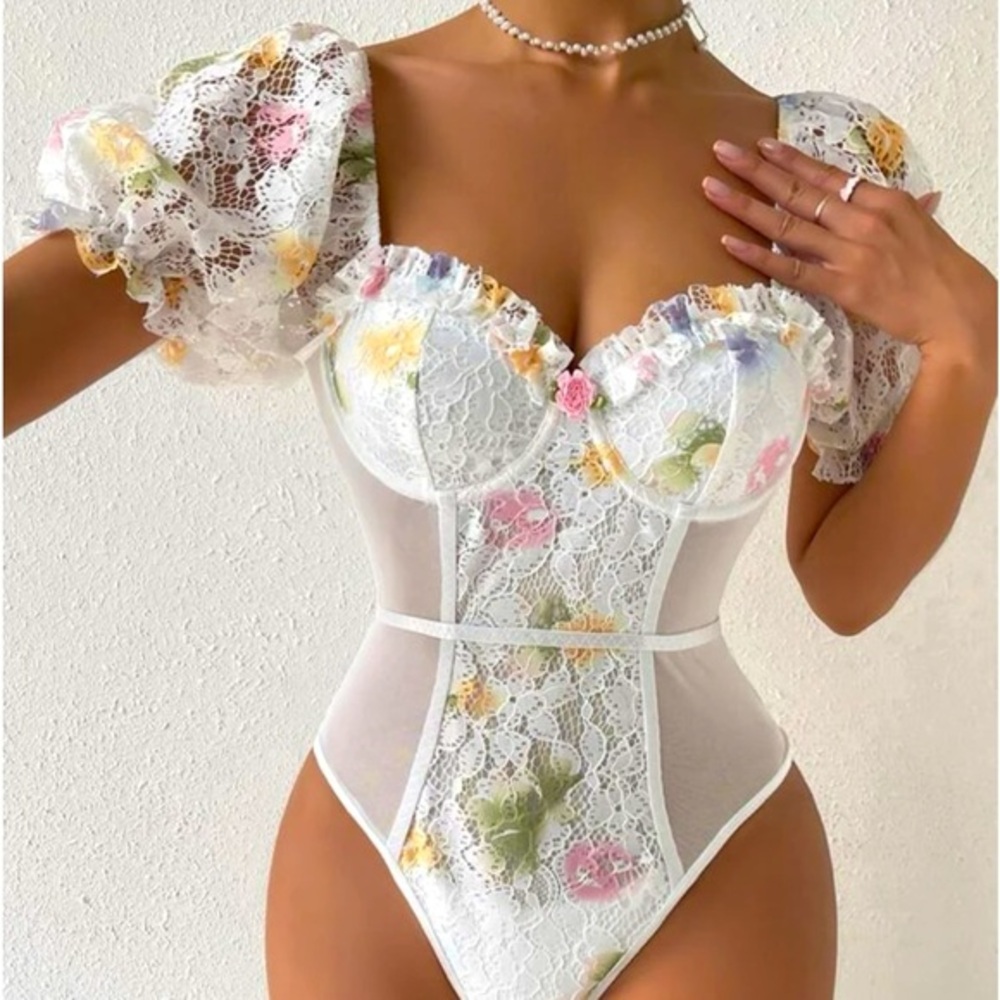 Coquette Milkmaid Corset Puff Sleeve Bustier Floral Embroidered Lace Bodysuit